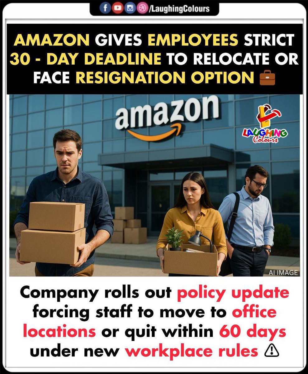 LaughingColours's tweet image. RELOCATE OR RESIGN: AMAZON’S TOUGH CALL 💼

#AmazonUpdate #WorkplacePolicy #RelocationNotice #CorporateNews #JobShift #EmployeeRules