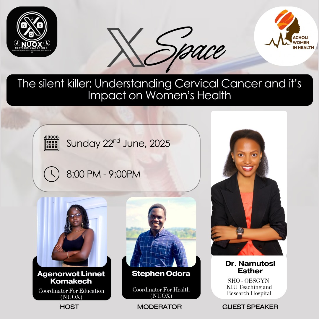 Stephen Odora (@shodorah) on Twitter photo Are you aware that at least 30 in every 100, 000 women in Uganda have cervical Cancer with over 99,000 deaths recorded in 2019?
Join us tomorrow on this space to understand cervical Cancer and its Impact on Women's Health
Host; <a href="/ONLYONEINGULU/">GULU QUEEN👑👑💦💧</a> and Guest Speaker <a href="/EstherE52906/">Dr. Namutosi Esther</a> Are you aware that at least 30 in every 100, 000 women in Uganda have cervical Cancer with over 99,000 deaths recorded in 2019?
Join us tomorrow on this space to understand cervical Cancer and its Impact on Women's Health
Host; <a href="/ONLYONEINGULU/">GULU QUEEN👑👑💦💧</a> and Guest Speaker <a href="/EstherE52906/">Dr. Namutosi Esther</a>