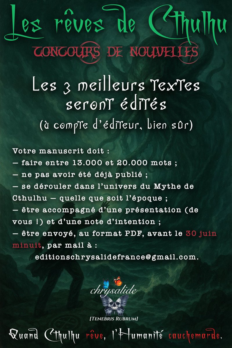 revesdecthulhu's tweet image. Plus que 9 jours pour nous envoyer votre nouvelle !
13000 à 20000 mots, pour être l’un des 3 gagnants à être édité dans le 4e volume des Rêves de Cthulhu : « Sombres entités et noirs désirs »
Le 30 juin minuit, il sera trop tard !