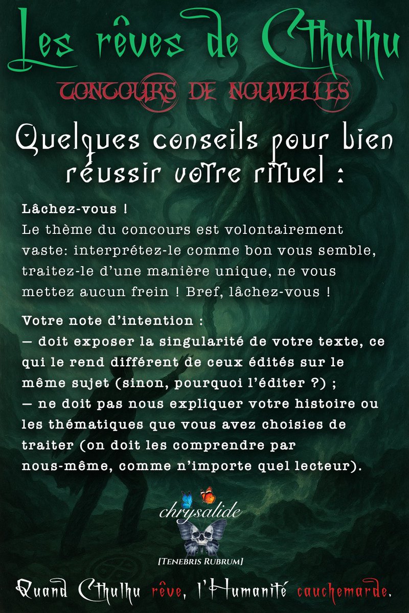 revesdecthulhu's tweet image. Plus que 9 jours pour nous envoyer votre nouvelle !
13000 à 20000 mots, pour être l’un des 3 gagnants à être édité dans le 4e volume des Rêves de Cthulhu : « Sombres entités et noirs désirs »
Le 30 juin minuit, il sera trop tard !