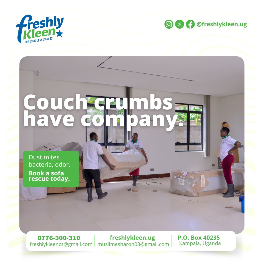 Crumbs aren’t the only thing hiding in your couch.
Dust mites, pet hair, bacteria, and old spills build up over time — and regular wiping won’t reach them.
That’s why we deep clean your sofa from the inside out.
Some messes need muscle, not mercy. 🧼🛋️ +256776300310
#FreshlyKleen