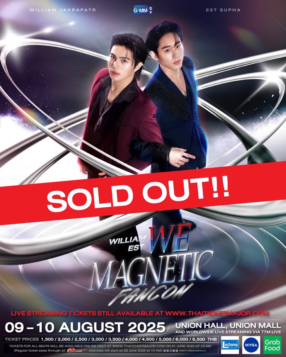 เฟมัสไม่ไหว! “William Est WE Magnetic FANCON” 
บัตร SOLD OUT ทั้ง 2 รอบการแสดง 
“วิลเลี่ยม-เอส” สุดซึ้ง!! เตรียมโชว์จัดเต็ม 
ดึงดูดทุกอารมณ์สู่ค่ำคืนแห่งมนต์สะกด 9-10 สิงหาคมนี้
 #WilliamEstFancon

เฟมัสไม่ไหว สำหรับงาน “William Est WE Magnetic FANCON”
