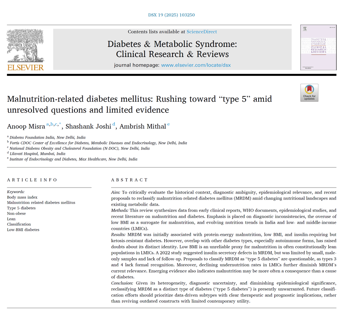 docanoopmisra's tweet photo. Malnutrition-related #diabetes mellitus (MRDM) was once seen as a distinct type linked to #undernutrition and low #BMI. There is paucity of robust data, and calling #MRDM “Type 5 diabetes” isn’t justified today. PDF: email anoopmisra@gmail,com
@AskDrShashank @DrAmbrishMithal https://t.co/e5NLNFYQQd