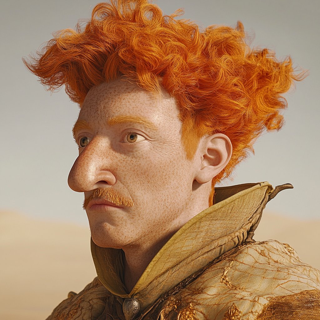 #Promptshare

🖊️Realistic picture of [SUBJECT] from [STYLE /EPOQUE] times with ginger hair and a large nose. Dressed in fine silk. Desert Sun #D59D5A, Sand #D4C7AF, Tan #7D512E and Puce #341709 --v 6.1

😀Have fun and qhare your images with #cp34!