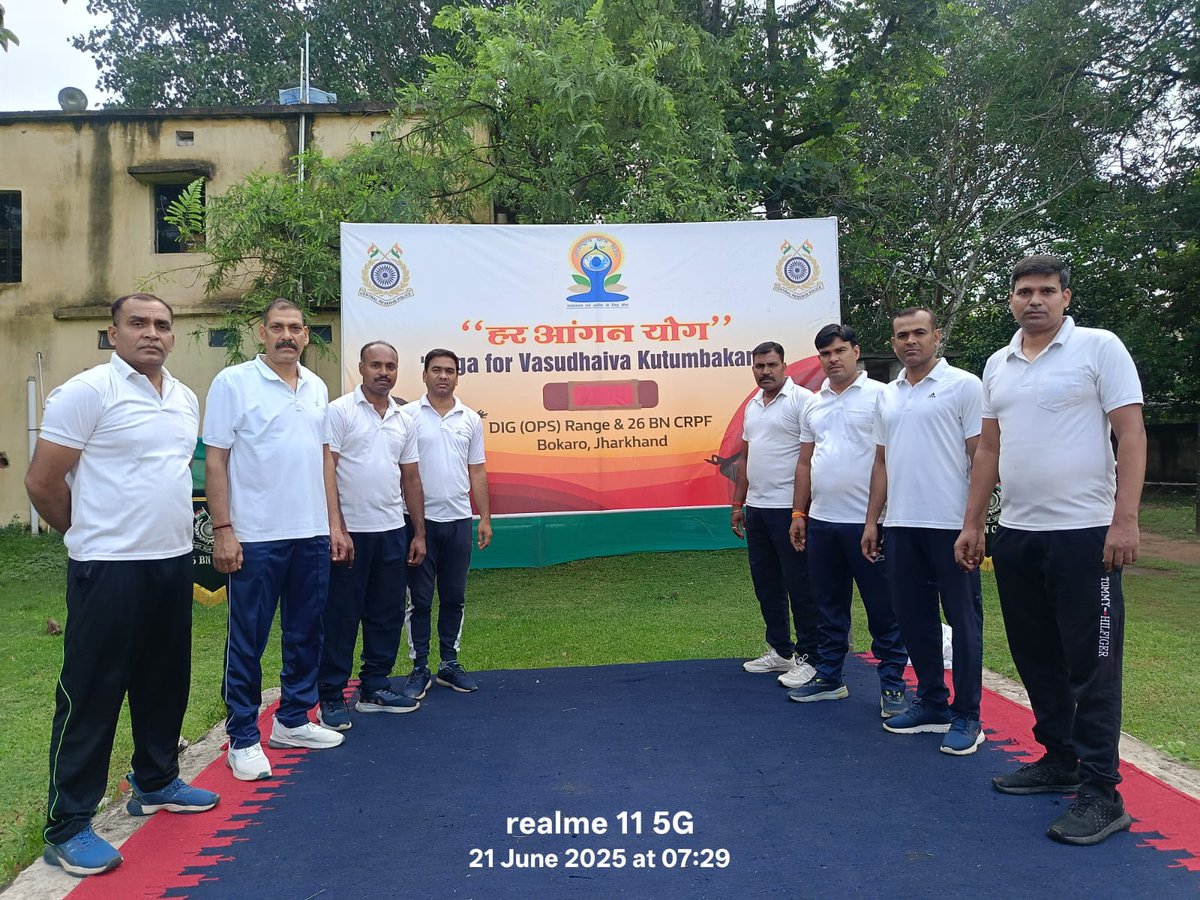 Today on the occasion of 11th International day of Yoga with the theme of "Yoga for One Earth, One Health" Yoga session was organized jointly by DIG(OPS) CRPF Bokaro &amp; 26 Bn in befitting manner  at 26 Bn CRPF, senior officers, Jawans family members and Civilian have participated.