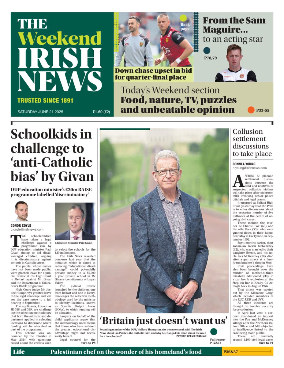 Front page of today's <a href="/irish_news/">The Irish News</a> - A legal challenge against Education minister's RAISE programme claims disadvantaged children are being discriminated against, in some cases because they are Catholic 

DE has defended criteria for the scheme as “objective and data informed”