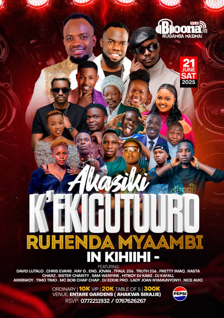 Speke Events πΊπ¬ (@eddiespikaagaba) on Twitter photo About last nite, <a href="/BoonaFm/">91.8 Boona FM</a> shut down Kikagati at Akasiki Kβekigutuuro Kya Boona fm-Ruhenda Myaambi which is slated for 12th July.
This Saturday 21st June, they head to Kihiihi at Entare Gardens with yet another huge line up so tag all your friends in Kanungu not to miss out. About last nite, <a href="/BoonaFm/">91.8 Boona FM</a> shut down Kikagati at Akasiki Kβekigutuuro Kya Boona fm-Ruhenda Myaambi which is slated for 12th July.
This Saturday 21st June, they head to Kihiihi at Entare Gardens with yet another huge line up so tag all your friends in Kanungu not to miss out.