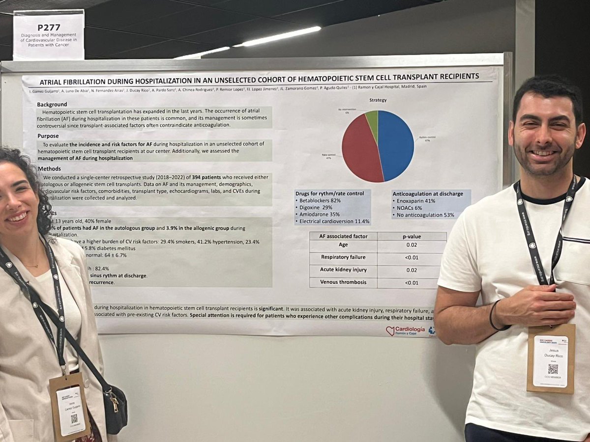 Pilar Agudo Quílez (@pilaragudoq) on Twitter photo On day 2 Dr Gamez (Cardiology Resident <a href="/cardioRyC/">Cardiología H. U. Ramón y Cajal, Madrid</a>) presenting data on AF in the acute setting in #HSCTransplant recipients in our single center cohort <a href="/HematoRYC/">Hematología y Hemoterapia RYC</a> #ESCCardioOnco2025
@drducayrico On day 2 Dr Gamez (Cardiology Resident <a href="/cardioRyC/">Cardiología H. U. Ramón y Cajal, Madrid</a>) presenting data on AF in the acute setting in #HSCTransplant recipients in our single center cohort <a href="/HematoRYC/">Hematología y Hemoterapia RYC</a> #ESCCardioOnco2025
@drducayrico