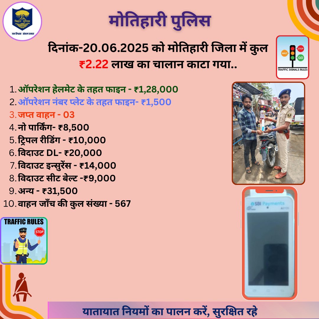 MOTIHARI POLICE (@motihari_police) on Twitter photo दिनांक-20.06.2025 को मोतिहारी जिला में कुल ₹2.22 लाख का चालान काटा गया.....
.
<a href="/bihar_police/">Bihar Police</a> <a href="/IPRDBihar/">IPRD Bihar</a> <a href="/BiharHomeDept/">Home Department, GoB</a> <a href="/Dm_Motihari/">District Magistrate, East Champaran</a>
#HainTaiyaarHum #Bihar #champaran #motihari दिनांक-20.06.2025 को मोतिहारी जिला में कुल ₹2.22 लाख का चालान काटा गया.....
.
<a href="/bihar_police/">Bihar Police</a> <a href="/IPRDBihar/">IPRD Bihar</a> <a href="/BiharHomeDept/">Home Department, GoB</a> <a href="/Dm_Motihari/">District Magistrate, East Champaran</a>
#HainTaiyaarHum #Bihar #champaran #motihari