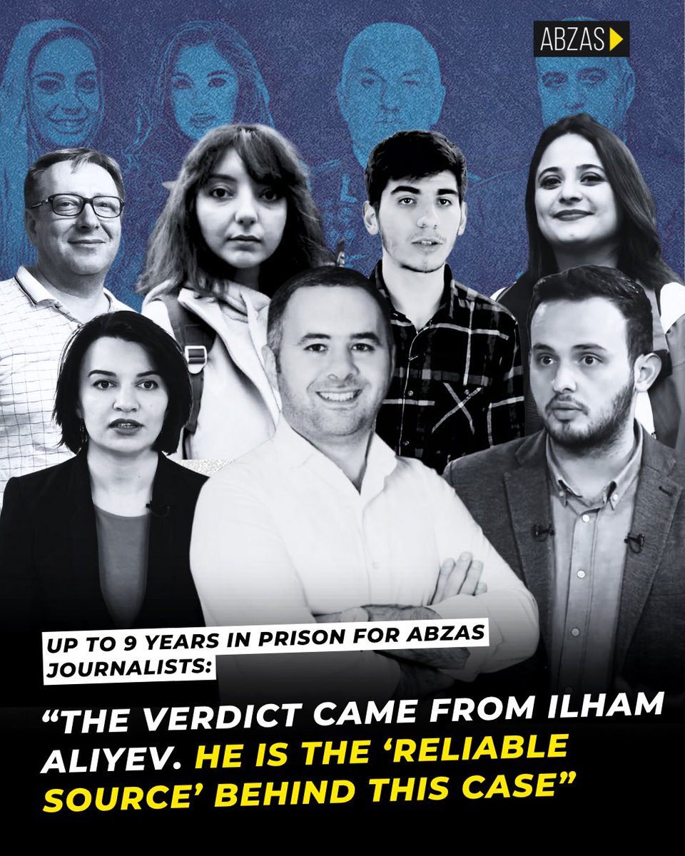 FreeAbzasMedia's tweet image. Seven journalists from Abzas Media and Radio Free Europe/Radio Liberty (RFE/RL) have been sentenced to lengthy prison terms in Azerbaijan.
The Baku Serious Crimes Court, led by Judge Rasim Sadikhov, delivered the verdict on 20 June.
Read more: shorturl.at/rUfMm