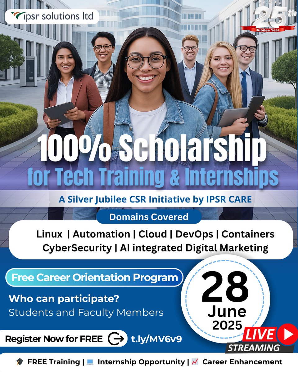 ipsr_solutions's tweet photo. 100% Scholarship for Tech Training &amp; Internships!

IPSR CARE Silver Jubilee CSR initiative, we’re offering free training + internship in Linux | Cloud |  Automation | Containers | Cybersecurity | DevOps | AI integrated Digital Marketing

Register Now: https://t.co/9c1FF37bM2 https://t.co/u4BlfUoziW