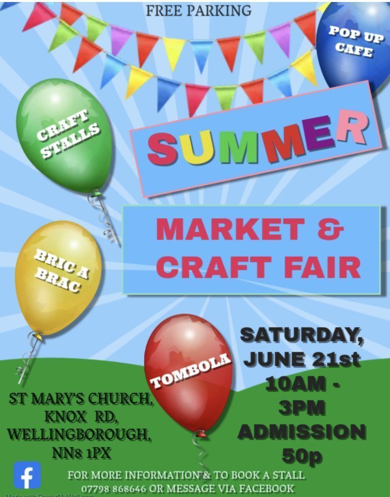Summer Market and Craft Fair

Today (Saturday)
Time: 10am-3pm

📍 St Mary's Church, 
Knox Road, 
Wellingborough

🎟 Entry 50p