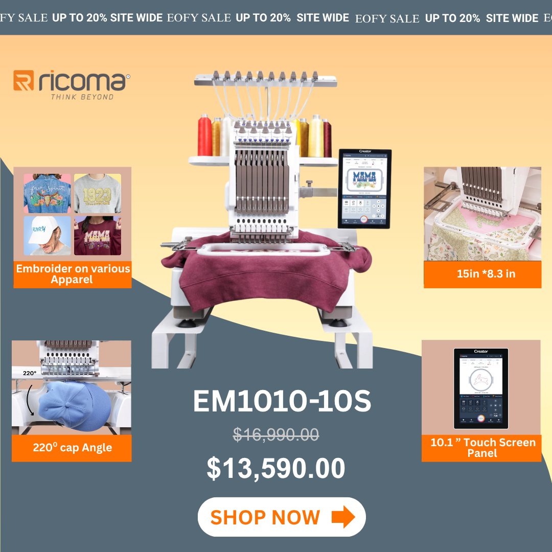 Ricoma_aus's tweet image. 🎉 EOFY SALE – Save up to 20%! 🎉
Get Ricoma embroidery machines, heat presses &amp;amp; accessories at unbeatable prices.

🧵 Perfect for crafters &amp;amp; creative businesses!
👉 Shop now: ricoma.com.au/sale/

#RicomaAustralia #EOFYSale #EmbroideryMachines #HeatPressAustralia #ThinkBeyond