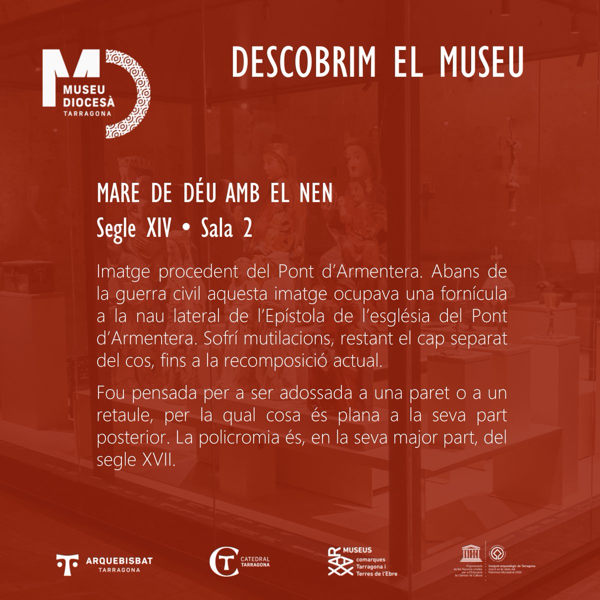 Museu Diocesà de Tarragona (@museudiocesatgn) on Twitter photo 🏛 DESCOBRIM EL MUSEU | Avui us presentem una imatge de la Mare de Déu amb el Nen, del segle XIV, procedent del Pont d'Armentera. La podeu veure a la Sala 2 del MDT.
#DescobrimelMuseuDiocesàTgn #esglésiadetarragona #MDT #museudiocesàtarragona
<a href="/esglesiatgn/">Arquebisbat de Tarragona</a> 🏛 DESCOBRIM EL MUSEU | Avui us presentem una imatge de la Mare de Déu amb el Nen, del segle XIV, procedent del Pont d'Armentera. La podeu veure a la Sala 2 del MDT.
#DescobrimelMuseuDiocesàTgn #esglésiadetarragona #MDT #museudiocesàtarragona
<a href="/esglesiatgn/">Arquebisbat de Tarragona</a>