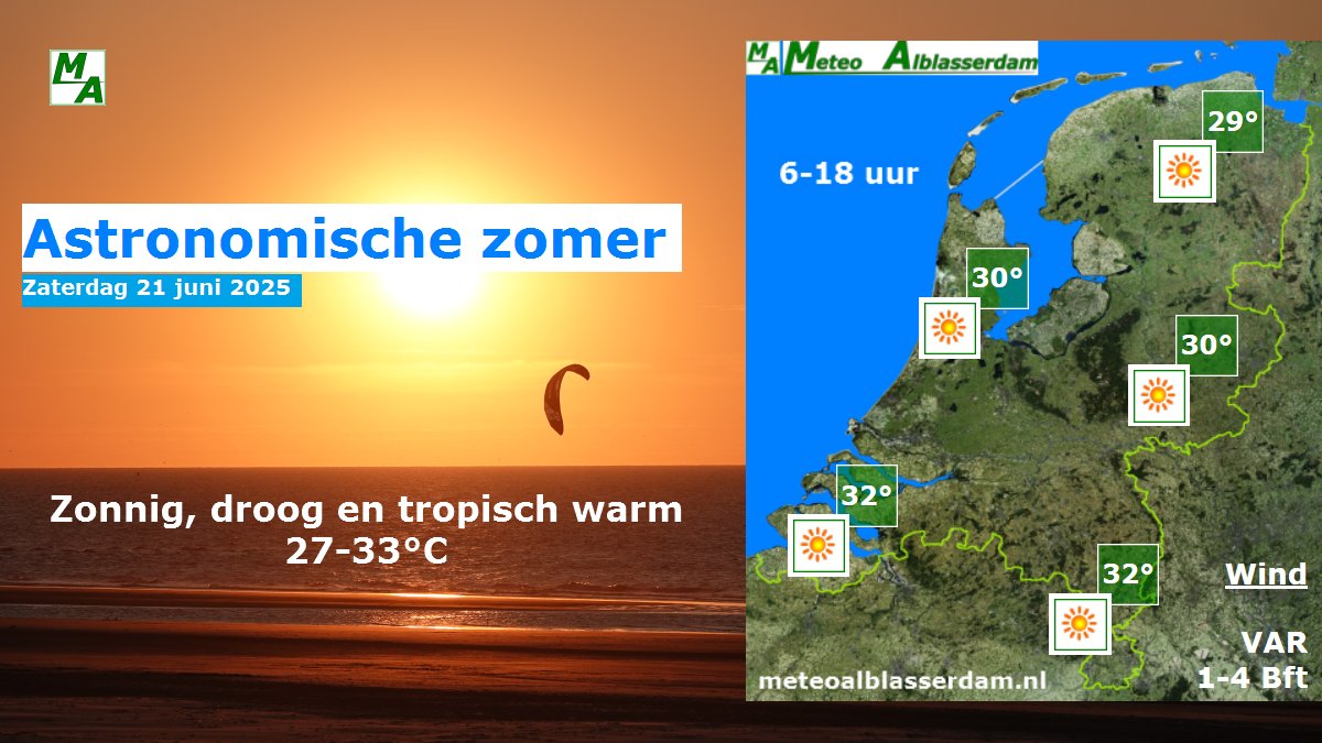 De astronomische zomer is inmiddels begonnen en kent op de zaterdag een zonnige, droge en tropisch warme start. Het warmt vandaag snel op en op veel plaatsen stijgt de temperatuur tot meer dan 30 graden. ☀️ #zomer 

Meer weer? Kijk op meteoalblasserdam.nl