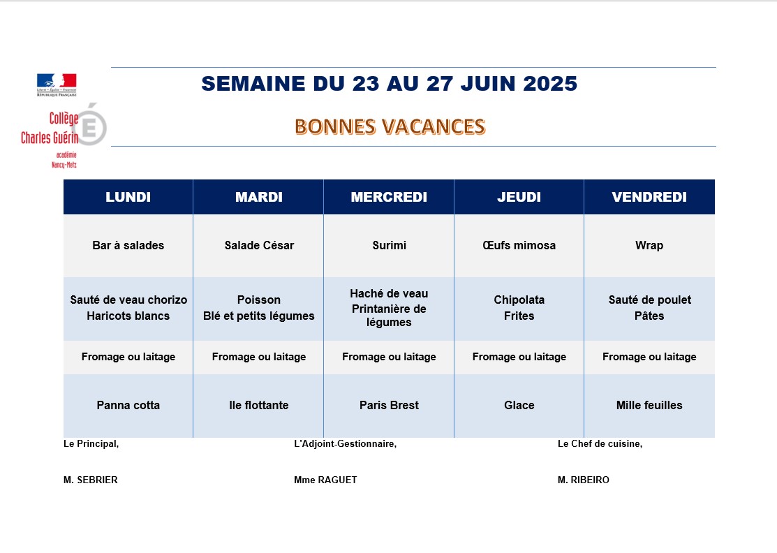 [Menu de la semaine 🍴]

Eh voilà les derniers plats de l'année au collège Charles Guérin ! 🍽
Les cours et l'accueil des élèves s'y achèveront cette semaine avec les examens du brevet. 

Bon courage aux 3e dans leurs révisions 📚