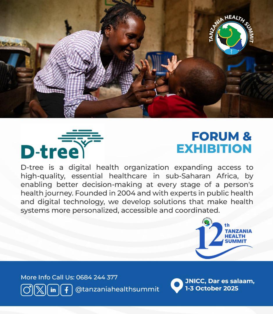 ๐ฐ ๐ฎ ๐ฒ ๐ง ๐ด (@jamalikimbo) on Twitter photo Weโre thrilled to have D-tree join us for this yearโs Tanzania Health Summit! 
As a leader in digital health, D-tree is transforming healthcare access across sub-Saharan Africa through personalized, tech-driven solutions that improve decision-making and strengthen health systems. Weโre thrilled to have D-tree join us for this yearโs Tanzania Health Summit! 
As a leader in digital health, D-tree is transforming healthcare access across sub-Saharan Africa through personalized, tech-driven solutions that improve decision-making and strengthen health systems.