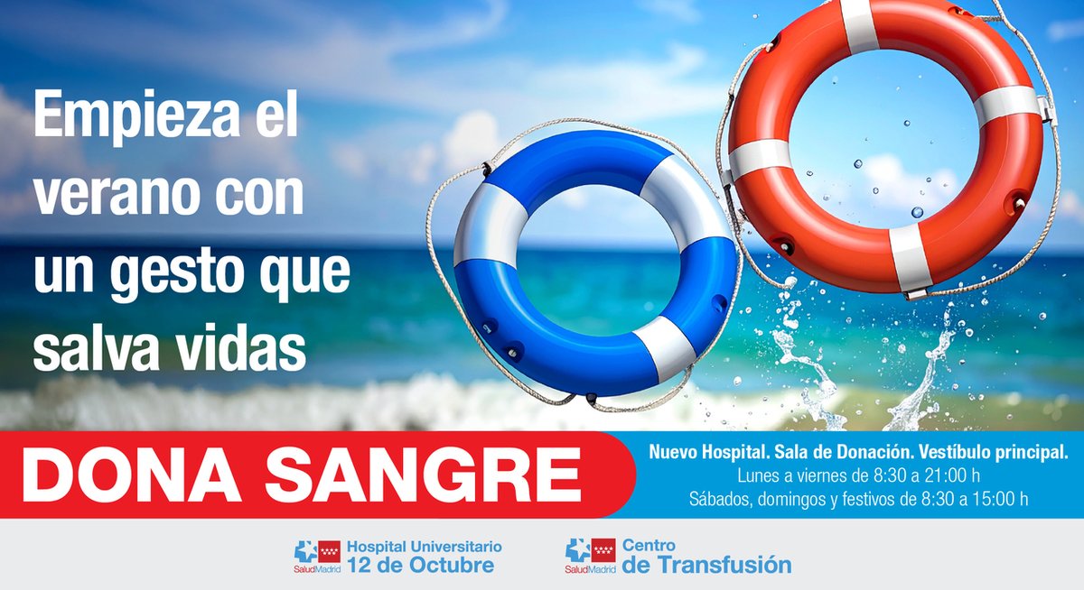 🏖️ Empieza el verano con un gesto que salva vidas. Dona sangre en el #Hospital12deOctubre.

⌚ Solo necesitas media hora de tiempo. 

👫 Y, si donas por primera vez, ven con tus familiares y amigos para vivir juntos esta solidaria experiencia.

#somosdel12 #donaenel12