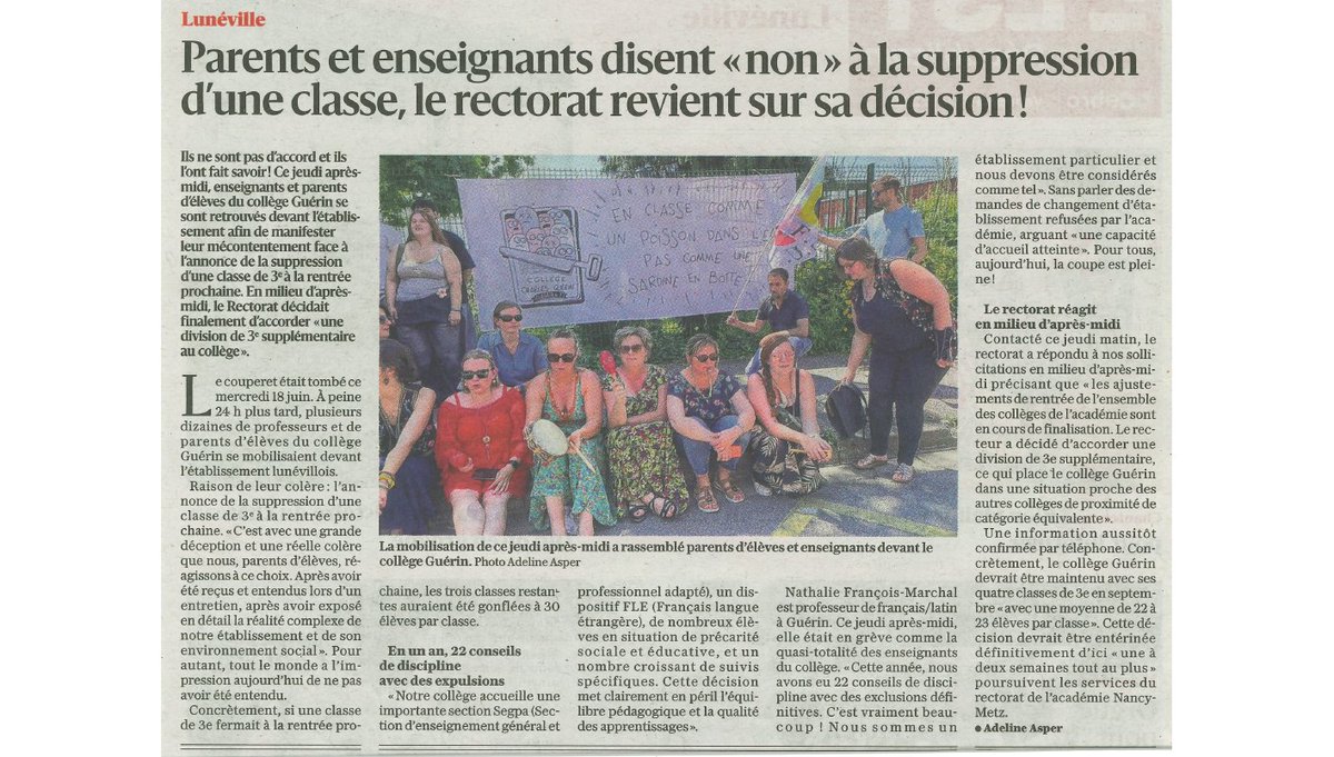 [Manifestation 💪]

Les parents et équipes du collège se sont mobilisées jeudi 19 juin pour protester contre la suppression programmée par le rectorat d'une classe de 3e au sein de l'établissement.

Une réussite, il y aura bien quatre classes de 3e maintenues à la rentrée 2025 💪