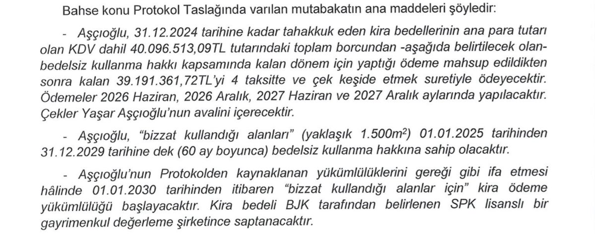 Sn Başkan <a href="/SerdalAdali_x/">Serdal Adalı</a> bu protokolü yapanların hepsini bugün görevden almaniz gerekiyor.

aşçı bey Beşiktaş’a borcunu 4 taksitte çekle haziran 2026 dan itibaren ödeyecekmiş…

2023 -24 kirasını ödemiyor, faiz ödemiyor, dava masraflarını bize ödetiyor, üstüne bir de borcunu TL