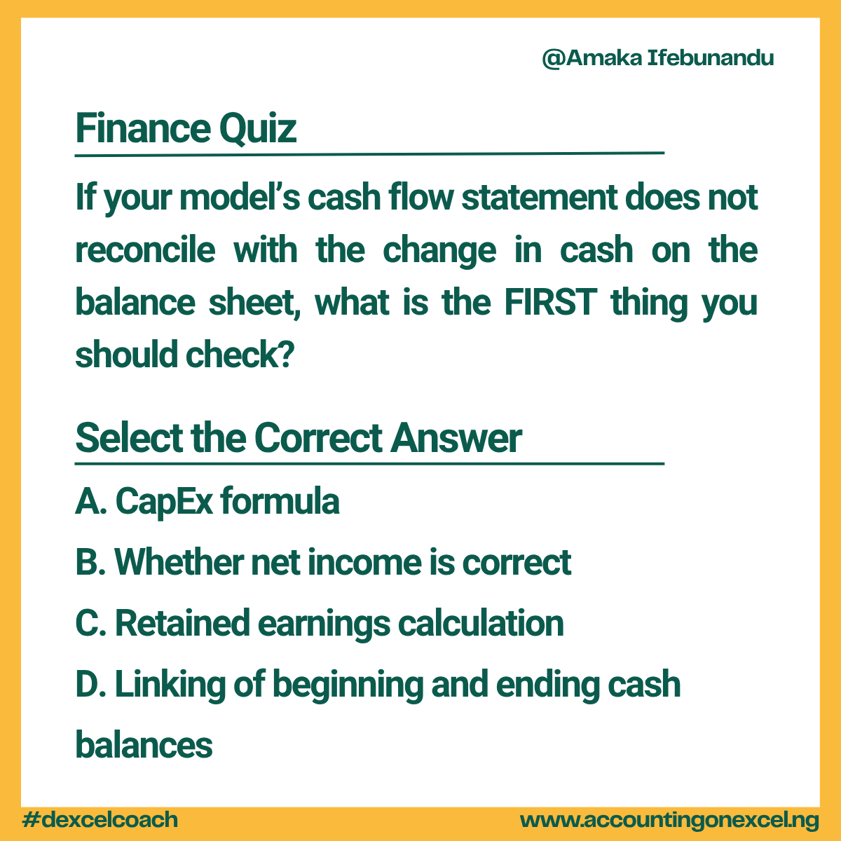 dexcelcoach's tweet photo. Your model looks great… but cash doesn’t reconcile. What’s the first thing you check?

✅ The link between ending cash on your cash flow and your balance sheet.

If that link is broken, your model can’t be trusted — even if every formula is perfect. https://t.co/zc8ZVclm0g