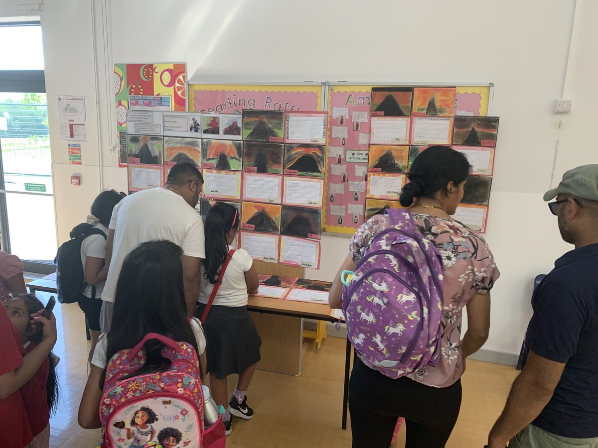 Our Summer Art Exhibition. Year 2 were inspired by the artist Kara Walker-creating their Great Fire of London pieces. Year 3 were  inspired by Stephanie Peters-creating  ‘Volcanic Eruptions- Natural Disasters.’