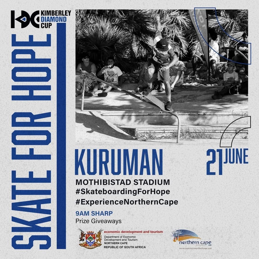 🛹💥 If You In Kuruman ...
You already know what it is.
SKATE FOR HOPE drops in 🔥
📍 Mothibistad Stadium
🗓️ 21 June
🕘 9AM SHARP – don’t sleep!

Vibes. Rails. Prizes. Whether you flip tricks or just vibe with the crew – pull up and roll with us.
#SkateboardingForHope
