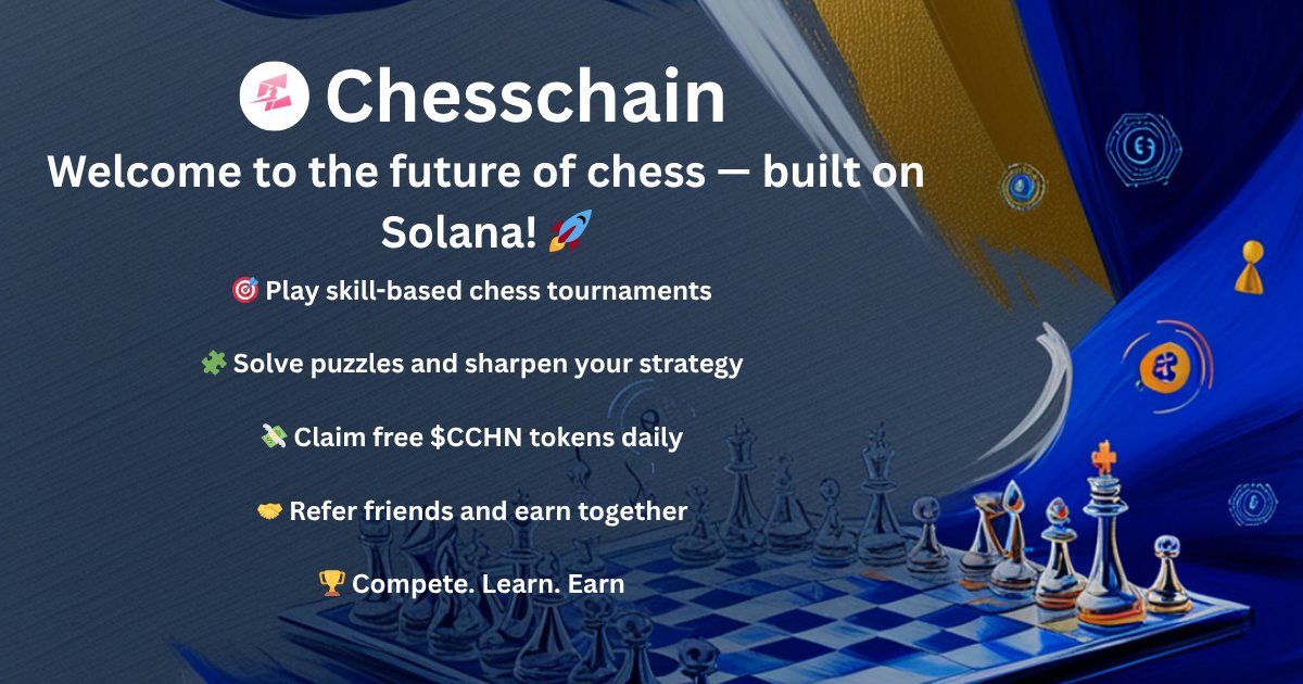 <a href="/ChessbaseIndia/">ChessBase India</a> <a href="/rpraggnachess/">Praggnanandhaa</a> ♟️ Welcome to the future of chess—built on Solana! 🚀

ChessChain isn’t just a game… it’s a revolution.

🎯 Play skill-based chess tournaments
🧩 Solve puzzles and sharpen your strategy
💸 Claim free $CCHN tokens daily
🤝 Refer friends and earn together
🏆 Compete. Learn. Earn.