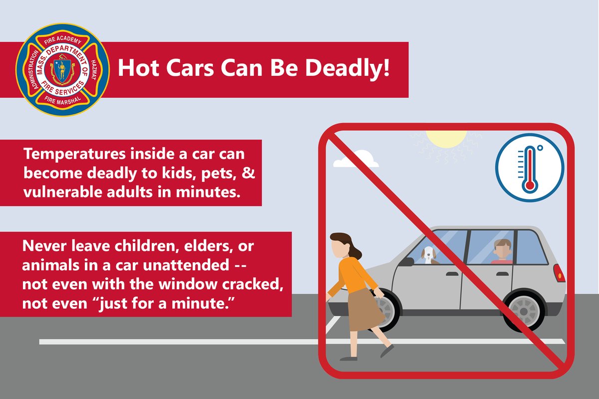 With hot weather in the days ahead, remember that #HotCars are no place for kids, pets, or vulnerable adults -- not even with the window cracked, not even for "just a minute." The temperature inside a car can become unsafe in just two minutes! Learn more: ow.ly/Mw3o50Ow4sw