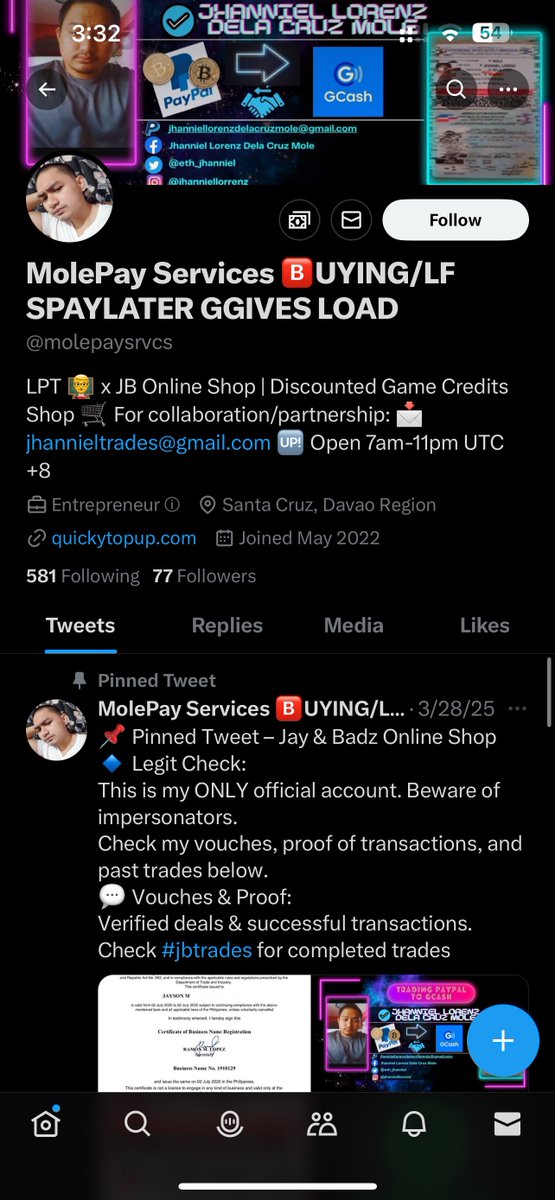 cokefloatboat's tweet photo. hi! awareness lang sa mga spay to gcash, i got scammed by this account using my other acc. i got hooked kasi the qr was working so i thought legit and didn’t realize the feedbacks were from the same people na niroroleta lang ata here are the qr and names used :(( @/molepaysrvcs https://t.co/D3XRnrKXOg