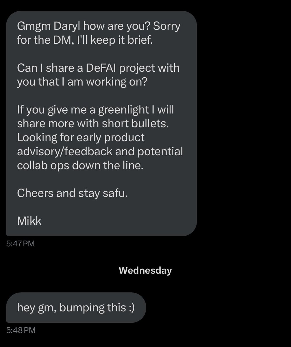 To all the BD guys out there, how does your outreach message usually look like?

Also the scammers out there, how do your outreach messages look like?

P.S. very apt that the follow up message was almost at the same time on a different day as if it was programmed