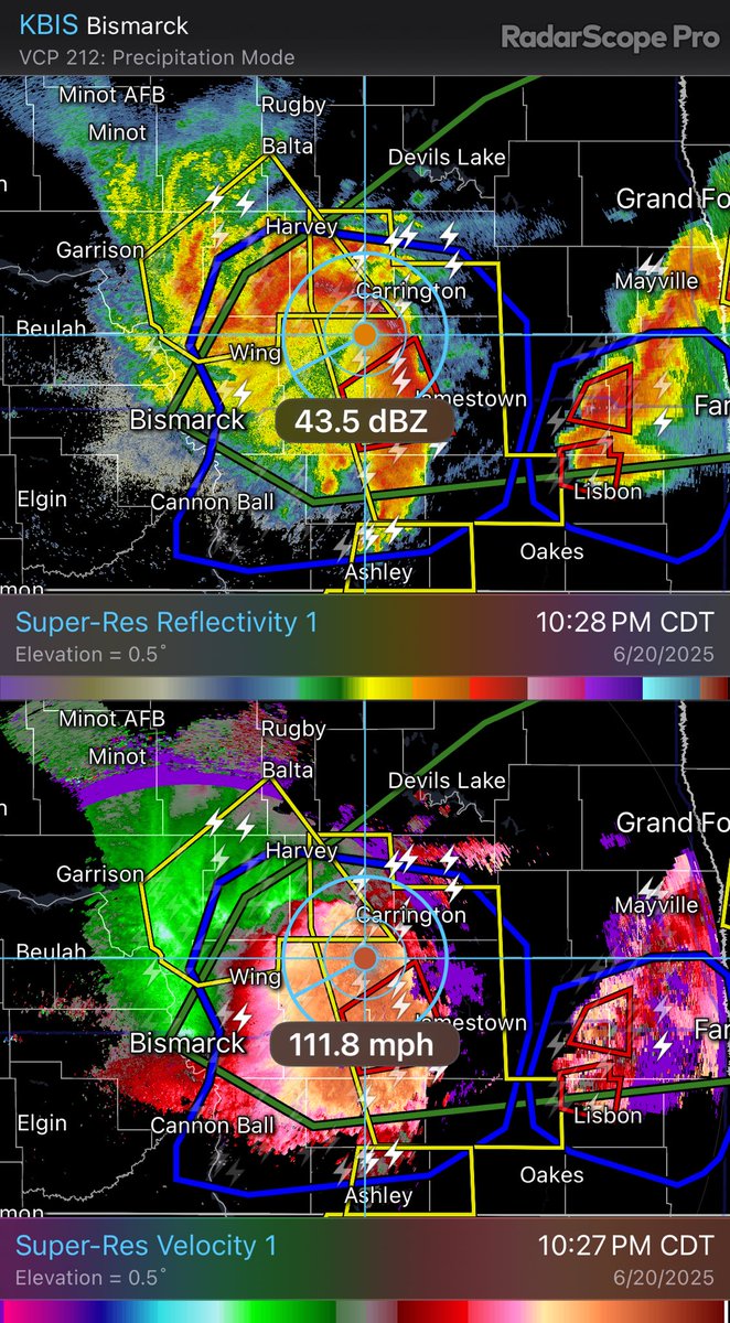 TTrogdon's tweet image. Given the storm environment, this is an almost guaranteed derecho across the northern plains. Eventual absorption of the pair of supercells ahead of the line will occur over the next hour with an exceptional damaging wind threat continuing with episodic tornadoes through the…