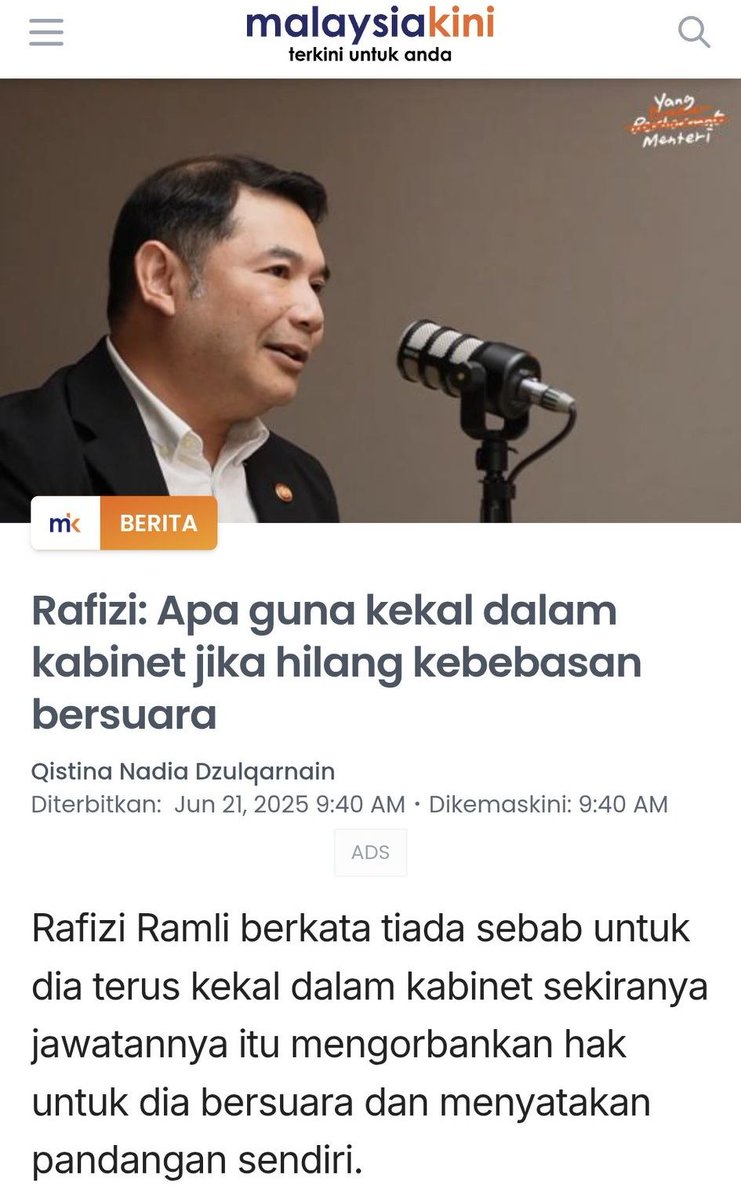 KEBEBASAN BERSUARA TERSEKAT, FORMULA KE LAUT
Raja Formula, Dato' Seri Rafizi Ramli mendakwa kebebasan suaranya tersekat, maka keputusan untuk meninggalkan Kabinet adalah keputusan yang tepat walaupun realitinya...

khairulfaizi.com.my/2025/06/kebeba…