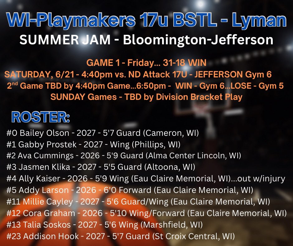 WI Playmakers 17U BSTL & 17U BSSL (@playmkrs17u) on Twitter photo ‼️Still need 2026’s &/or looking for 2027’s for your recruiting board…check out our 17u BSSL (Lyman) Team at Bloomington-Jefferson! Updated Saturday schedule ⬇️⬇️⬇️
<a href="/shelby_lyman12/">Shelby Lyman</a> <a href="/playmkrsgirls/">Wisconsin Playmakers</a> <a href="/Coach_Peplinski/">Coach Pep</a> ‼️Still need 2026’s &/or looking for 2027’s for your recruiting board…check out our 17u BSSL (Lyman) Team at Bloomington-Jefferson! Updated Saturday schedule ⬇️⬇️⬇️
<a href="/shelby_lyman12/">Shelby Lyman</a> <a href="/playmkrsgirls/">Wisconsin Playmakers</a> <a href="/Coach_Peplinski/">Coach Pep</a>