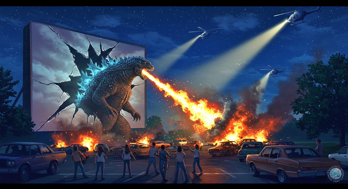 ドライブインシアターの「飛び出す」ゴジラ映画
#ImageFX