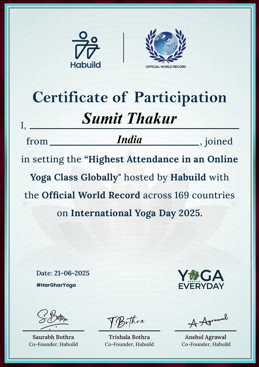 SumitThaku98139's tweet image. Day 4 of my 14-day yoga journey, and guess what?
I just took part in a global Online Yoga Class and helped set a 🌍 World Record with Habuild on International Yoga Day 2025!
 Highest Attendance in an Online Yoga Class – across 169 countries!
 #HarGharYoga #YogaEveryday