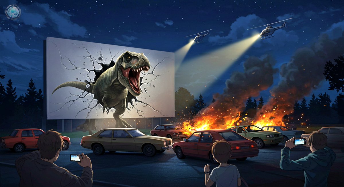 ドライブインシアターの「飛び出す」恐竜映画
#ImageFX