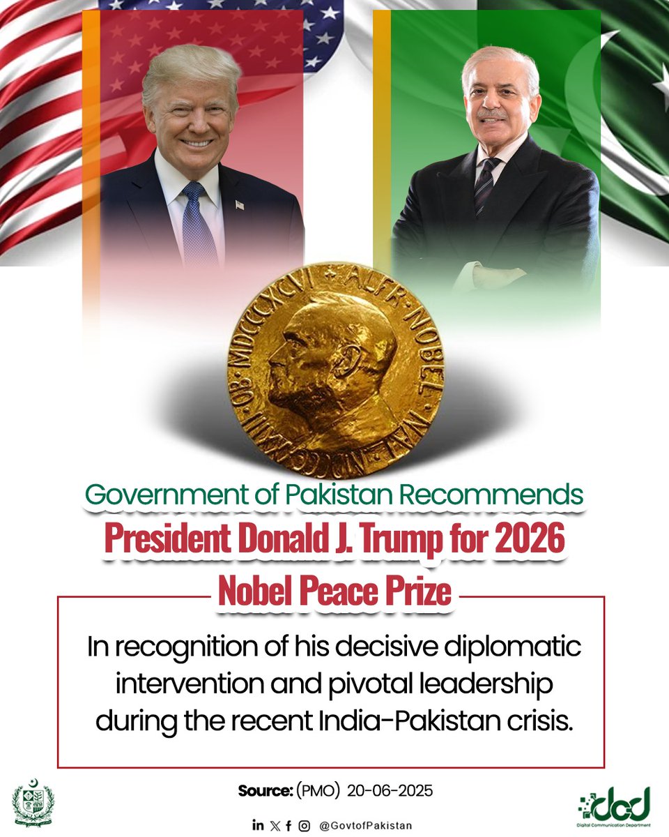 ShehbazDigital's tweet photo. Government of Pakistan Recommends President Donald J. Trump for 2026 Nobel Peace Prize

The Government of Pakistan has  decided to formally recommend President Donald J. Trump for the 2026 Nobel Peace Prize, https://t.co/zcNvrldvTe