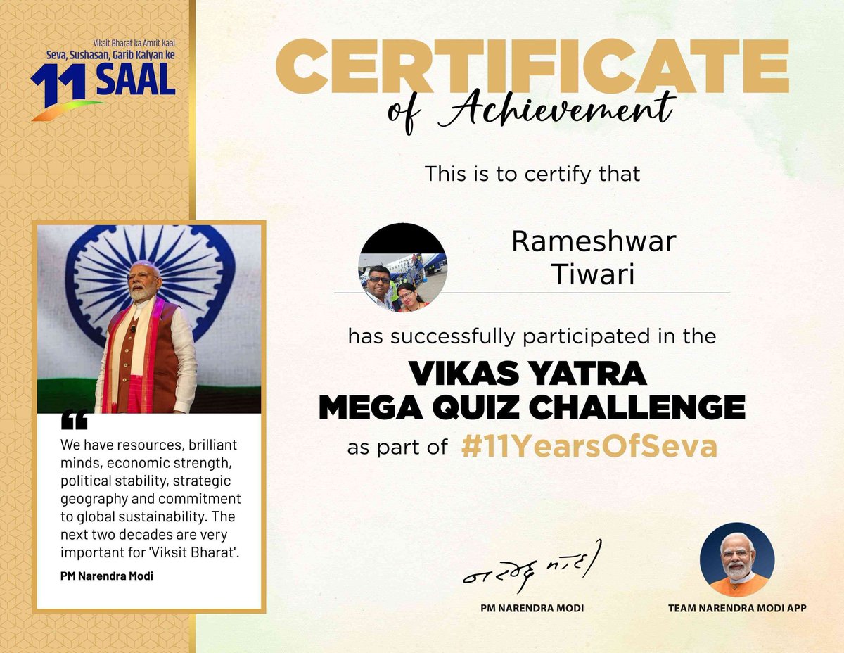 matrixdeepesh's tweet image. I just took the Vikas Yatra Mega Quiz as part of #11YearsOfSeva. Know about Bharat's achievements under PM Modi and take part in this engaging quiz. Share your score, play now: nm-4.com/vikasyatramega…