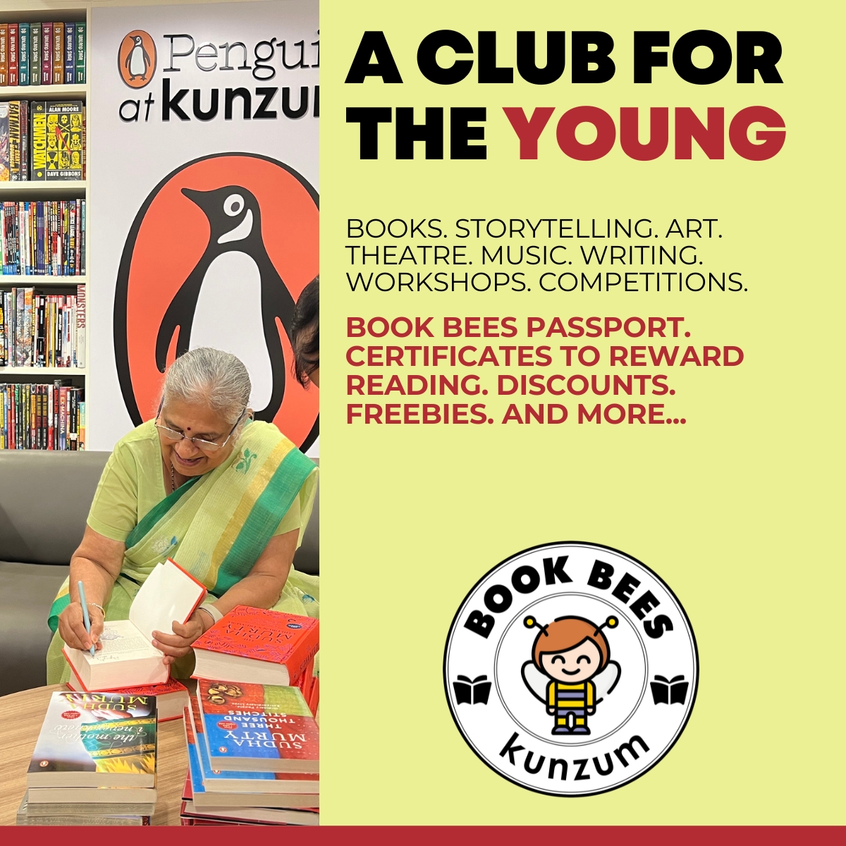 Let’s gift the young ones something to cherish: A Kunzum BOOK BEES membership.

Where they come together as a community to learn and be entertained. Through reading, events and workshops. For books, art, theatre, music, writing and more. Members get special offers on purchases,