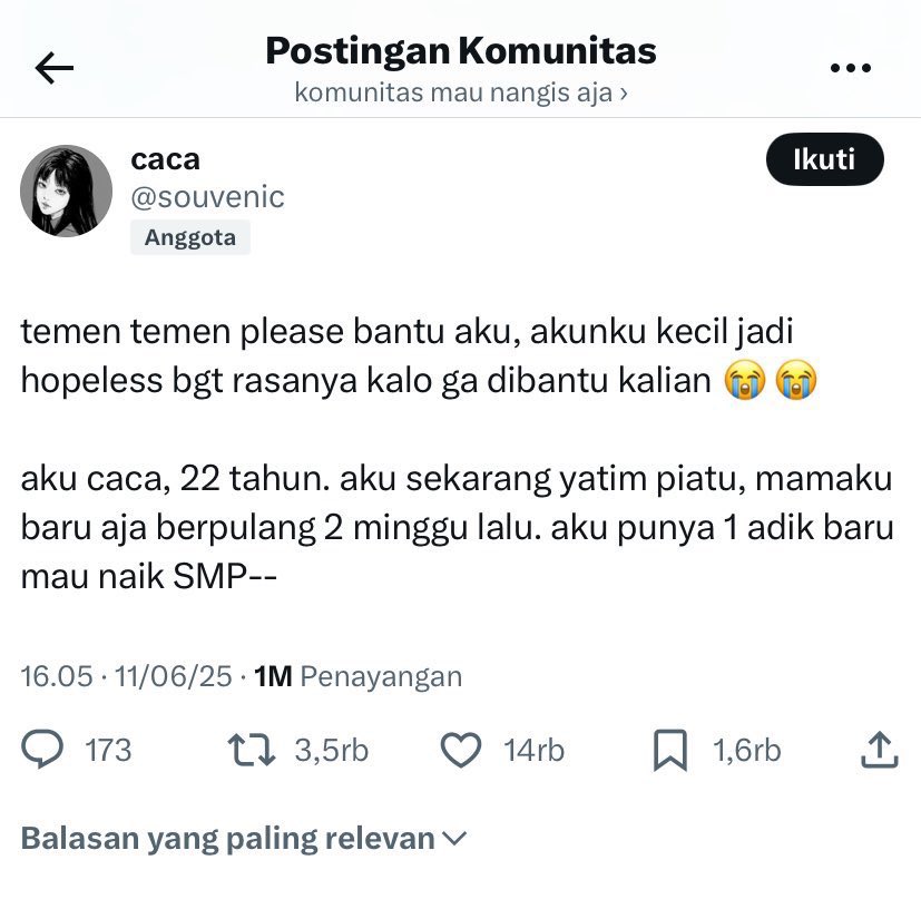 cheatesr's tweet photo. temen temen boleh help rt? 

temen2 aku urgent sekali mau mencari loker. karna aku cuma hidup berdua sama adekku. sebelumnya sudah pernah bikin thread tapi akunku ke suspen. jd aku mau coba bikin ulang disini. tolong sekali help rt ya😭🙏🏻 https://t.co/aUvGzdYnuU
