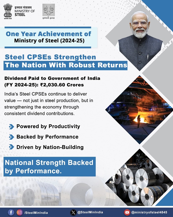 Steel CPSEs continue to fuel India’s growth by paying ₹2030.60 crores in dividends to the Government in FY 2024-25. This steady contribution reflects their strong performance and commitment to nation-building. Proud to see public sector steel driving progress!

#SteelCPSEs