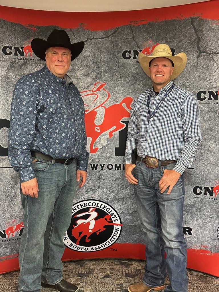 Interim President Dan Leingang and Rodeo Head Coach Jon Peek at CNFR!

The aggregate results are in, and two cowboys have made the short go finals.

Cael Hilzendeger will go 7th in team roping.

Hadly Erickson will go 11th in steer wrestling. 

Tune in tomorrow at 8 PM on ESPN 3!