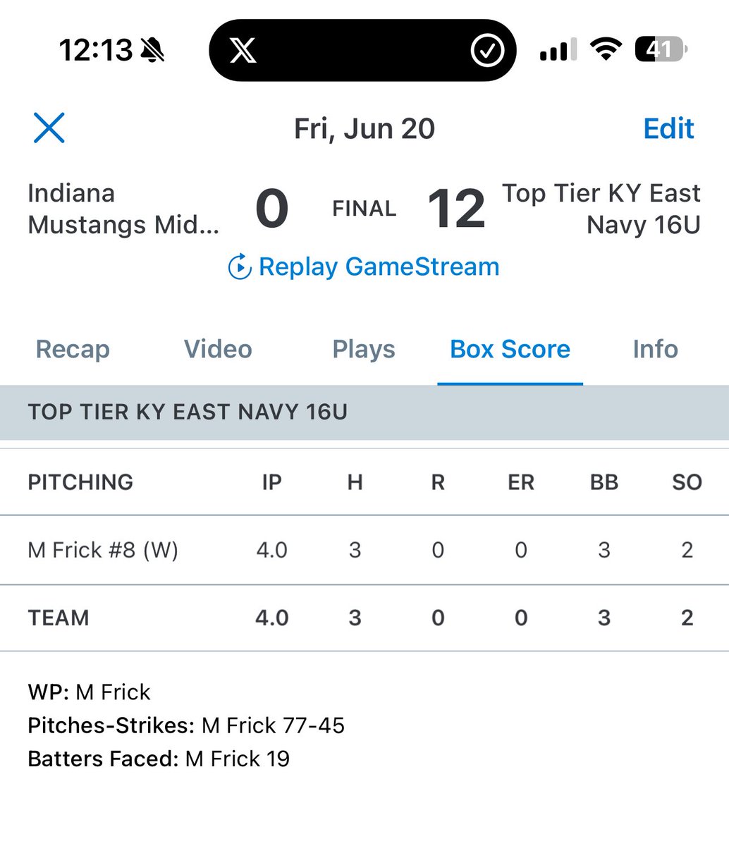 Top Tier Kentucky 2027 (@2027ttky) on Twitter photo 2027 TTKY East Navy finishes pool play with a convincing win. <a href="/MylesFrick71568/">Myles Frick</a> worked out of trouble twice keeping a clean scoreboard. <a href="/BrennanWalters1/">Brennan Walters</a> &
<a href="/elliot_jansky/">Elliot</a> with loud 2Bs & Alex Maynard goes yard
<a href="/toptierkentucky/">Top Tier Kentucky</a> <a href="/baseballwheat/">Baseball wheat</a> <a href="/TopTierBaseball/">Top Tier Baseball ๐บ๐ธ</a> <a href="/PG_OhioValley/">Perfect Game Ohio Valley</a> 2027 TTKY East Navy finishes pool play with a convincing win. <a href="/MylesFrick71568/">Myles Frick</a> worked out of trouble twice keeping a clean scoreboard. <a href="/BrennanWalters1/">Brennan Walters</a> &
<a href="/elliot_jansky/">Elliot</a> with loud 2Bs & Alex Maynard goes yard
<a href="/toptierkentucky/">Top Tier Kentucky</a> <a href="/baseballwheat/">Baseball wheat</a> <a href="/TopTierBaseball/">Top Tier Baseball ๐บ๐ธ</a> <a href="/PG_OhioValley/">Perfect Game Ohio Valley</a>