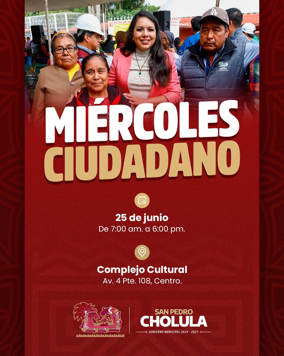 CAMBIA de sede el #MiércolesCiudadano del <a href="/GobiernoCholula/">Gobierno de Cholula</a> 

+ La próxima semana no será en la Plaza de la Concordia porque se realizará en el Complejo Cultural (4 Poniente 108)

#CholulaReporta | masnoticiasdiario.com