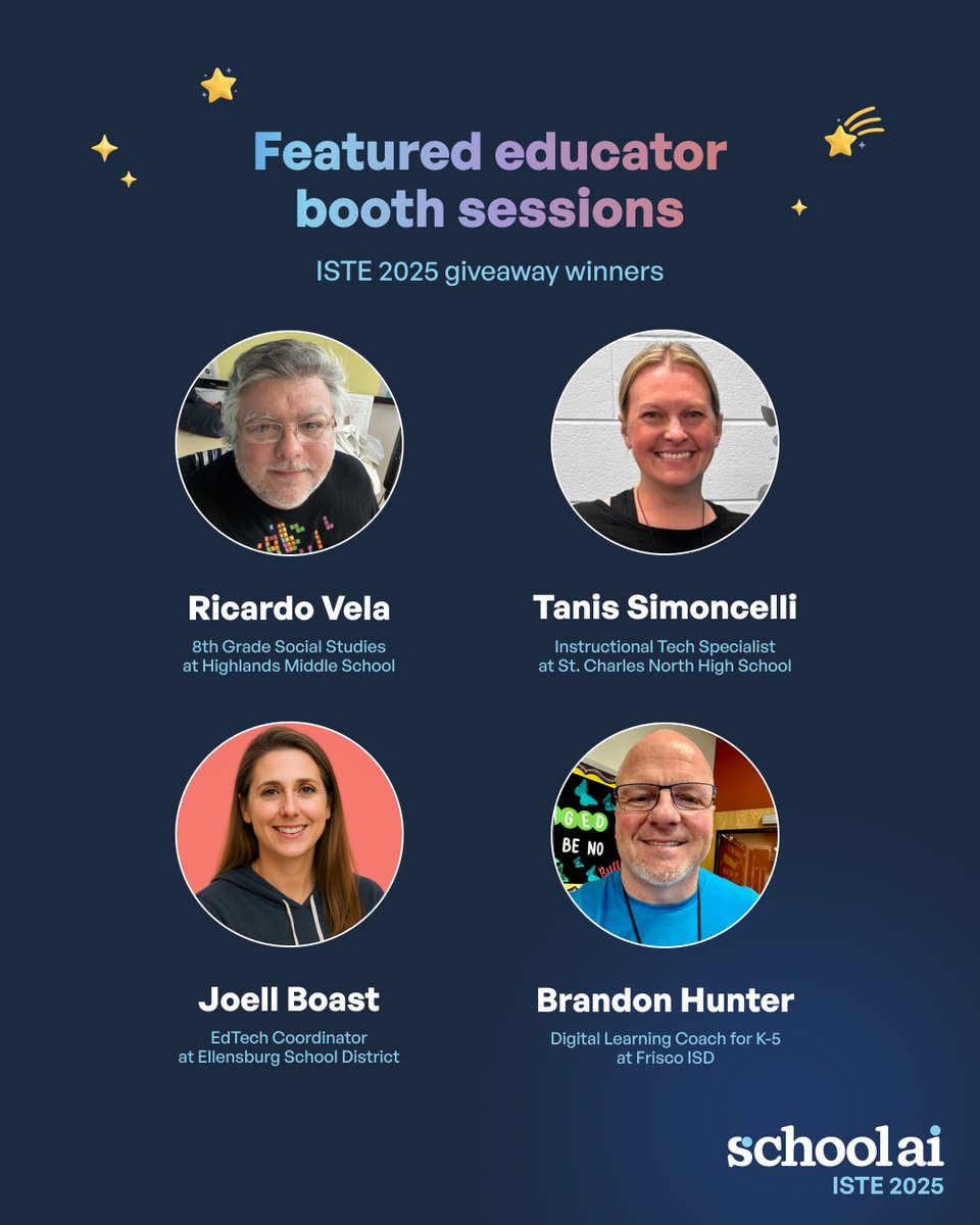 Introducing our @isteconnects giveaway winners!! We’re so honored to send these amazing educators to ISTE.

Ricardo Vela 🚀
8th Grade Social Studies @ Highlands Middle School
With 23 years of classroom experience, Ricardo brings a deep commitment to student-centered learning and