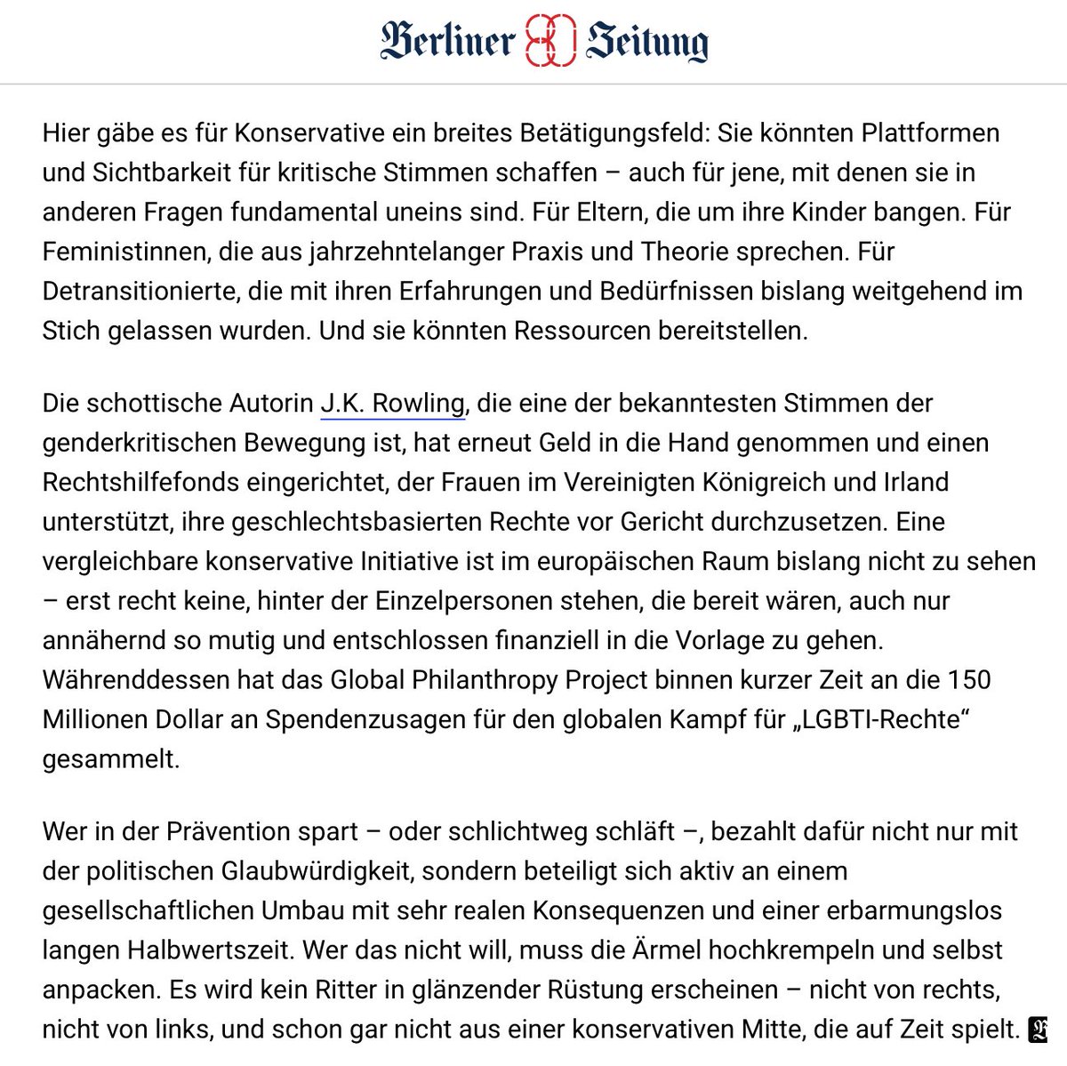 Ich habe für <a href="/berlinerzeitung/">Berliner Zeitung</a> über die Verantwortung der Konservativen geschrieben: Wie ihre Gleichgültigkeit dazu führt, dass „unendliche Geschlechter“ zur Gesetzesnorm werden – und wie sie da rauskommen (Tipp: Verantwortung übernehmen. Ressourcen bereitstellen.)

Link ⬇️