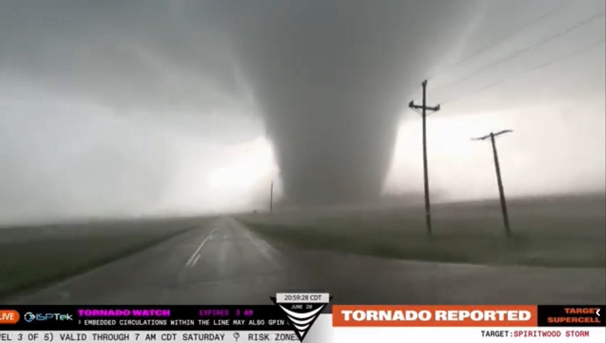 flickertailtime's tweet image. The Jamestown area of North Dakota was just smoked by an EF-4 or EF-5 tornado with numerous other radar indicated twisters across the region. This image was captured from @ReedTimmerUSA’s livestream. Folks are going to need a lot of help and prayers tonight.