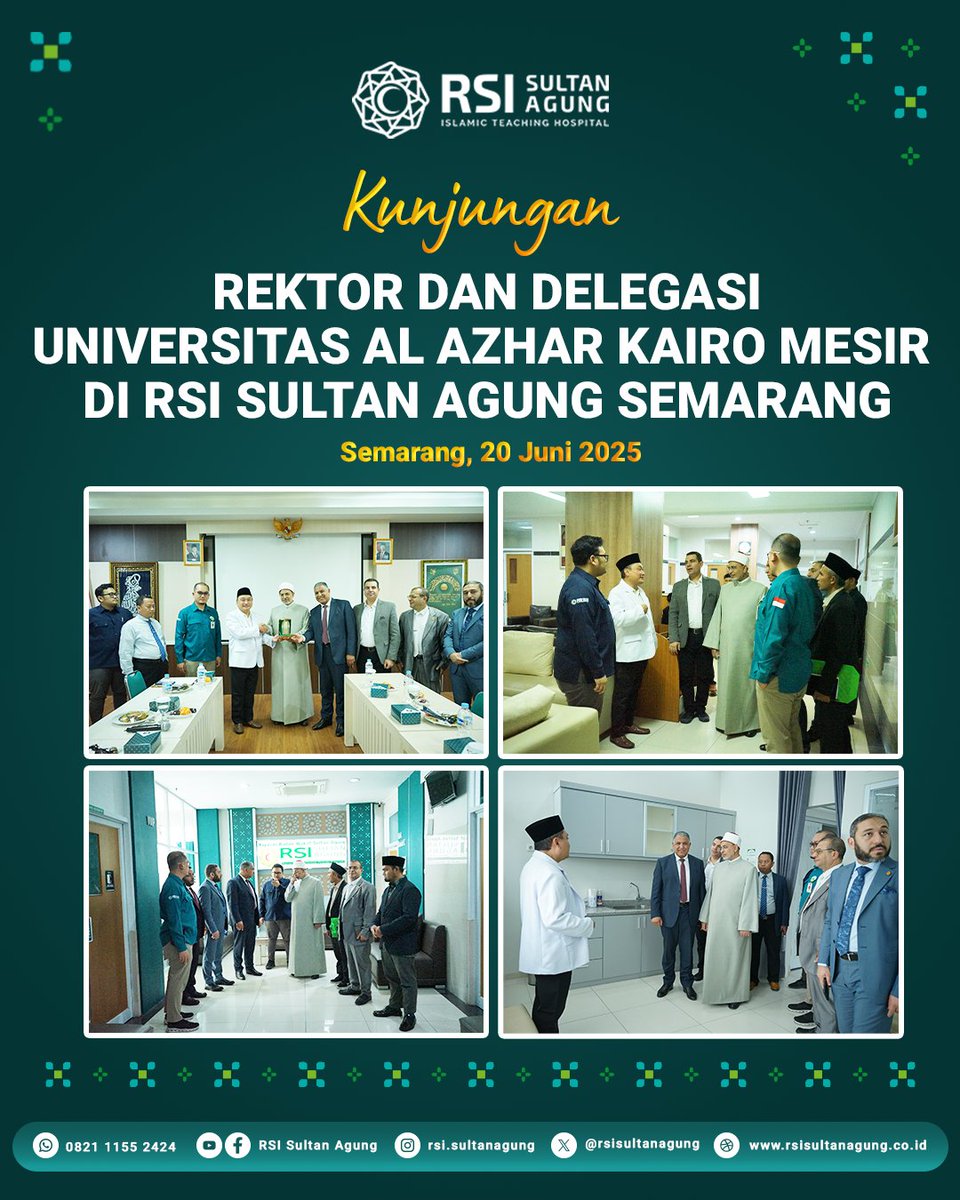 Dalam suasana penuh kehangatan, RSI Sultan Agung Semarang menyambut kunjungan pimpinan Al Azhar University, Mesir.
Momen ini menjadi langkah awal untuk menjalin kolaborasi di bidang pendidikan, kesehatan, dan pengembangan SDM berbasis nilai-nilai Islam.