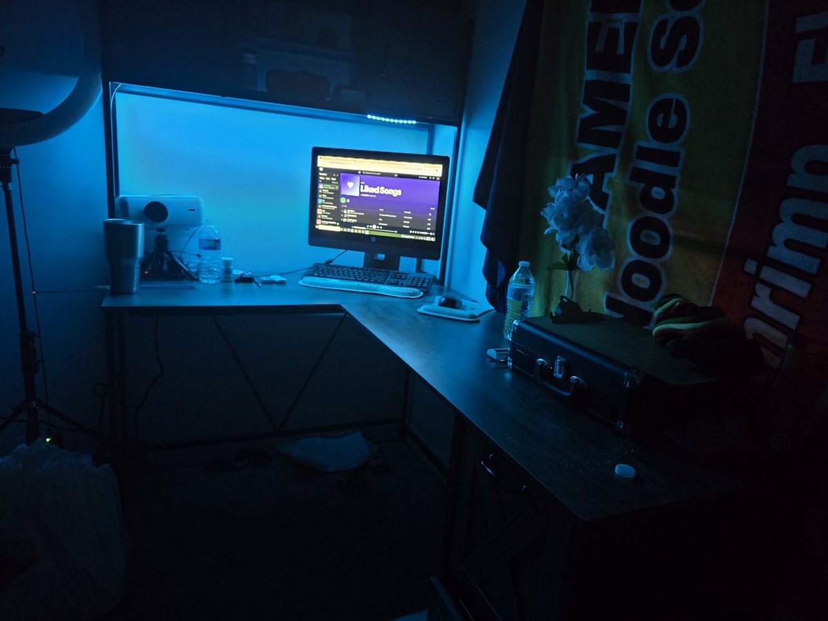 EvansAdaptation's tweet photo. Finally got my new writing setup together after a short delay (caused by: writing, spiraling, and emotionally preparing to be perceived by literary agents). Behold the throne where chaos is typed!!!!

🖤🪑📚 https://t.co/9Dyw5iYIlE